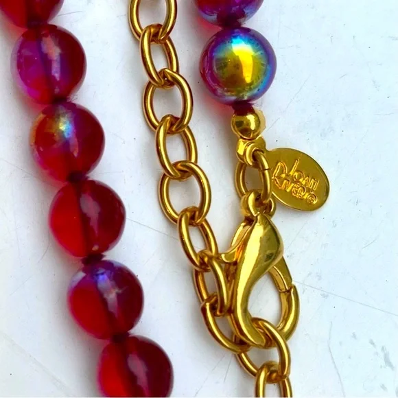Vintage JOAN RIVERS Red Iridescent Polished Glass Beads Necklace w/Gold Details - Picture 4 of 6